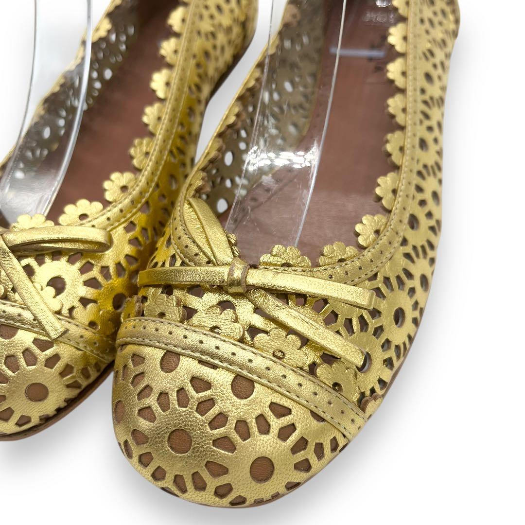 未使用■アライア　カットワーク　フラットシューズ　ゴールド　リボン　レザー　35