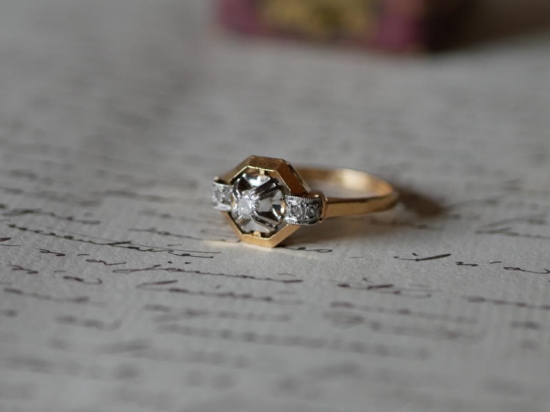 天然ダイアモンド　アールデコ　K18 アンティークリング　フランスアンティーク