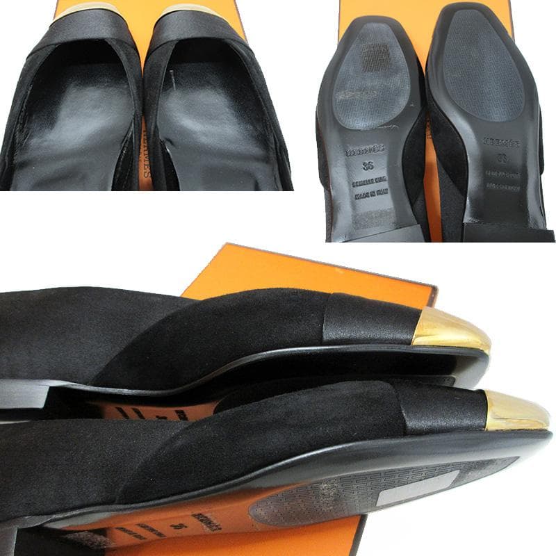 HERMES エルメス パンプス サテン レザー メタル・トゥ 黒 36
