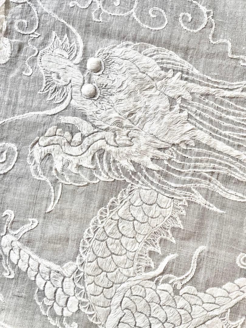 麻 リネン 刺繍 テーブルクロス ドラゴン 龍 ホワイト ベッドカバー