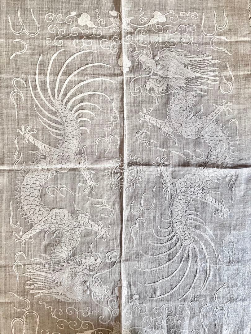 麻 リネン 刺繍 テーブルクロス ドラゴン 龍 ホワイト ベッドカバー