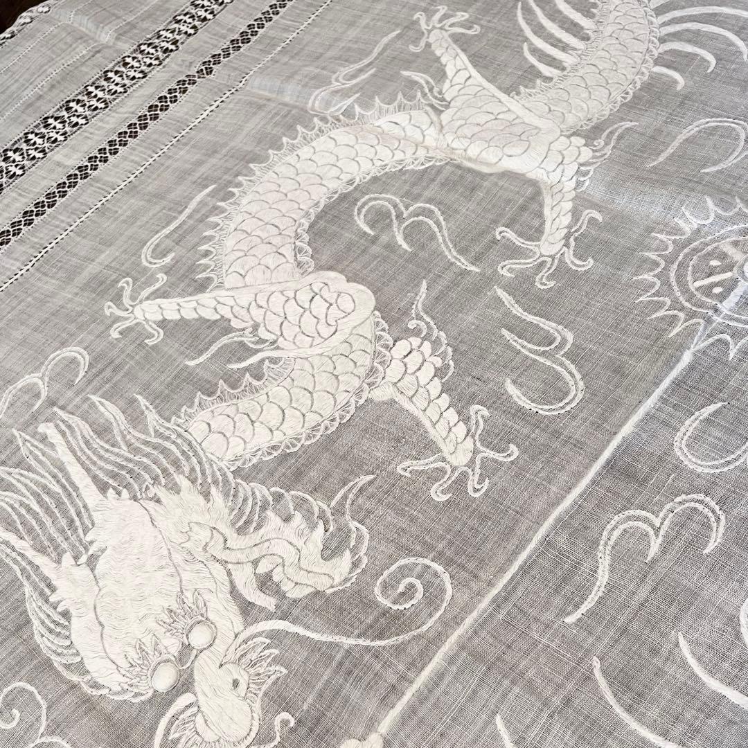 麻 リネン 刺繍 テーブルクロス ドラゴン 龍 ホワイト ベッドカバー