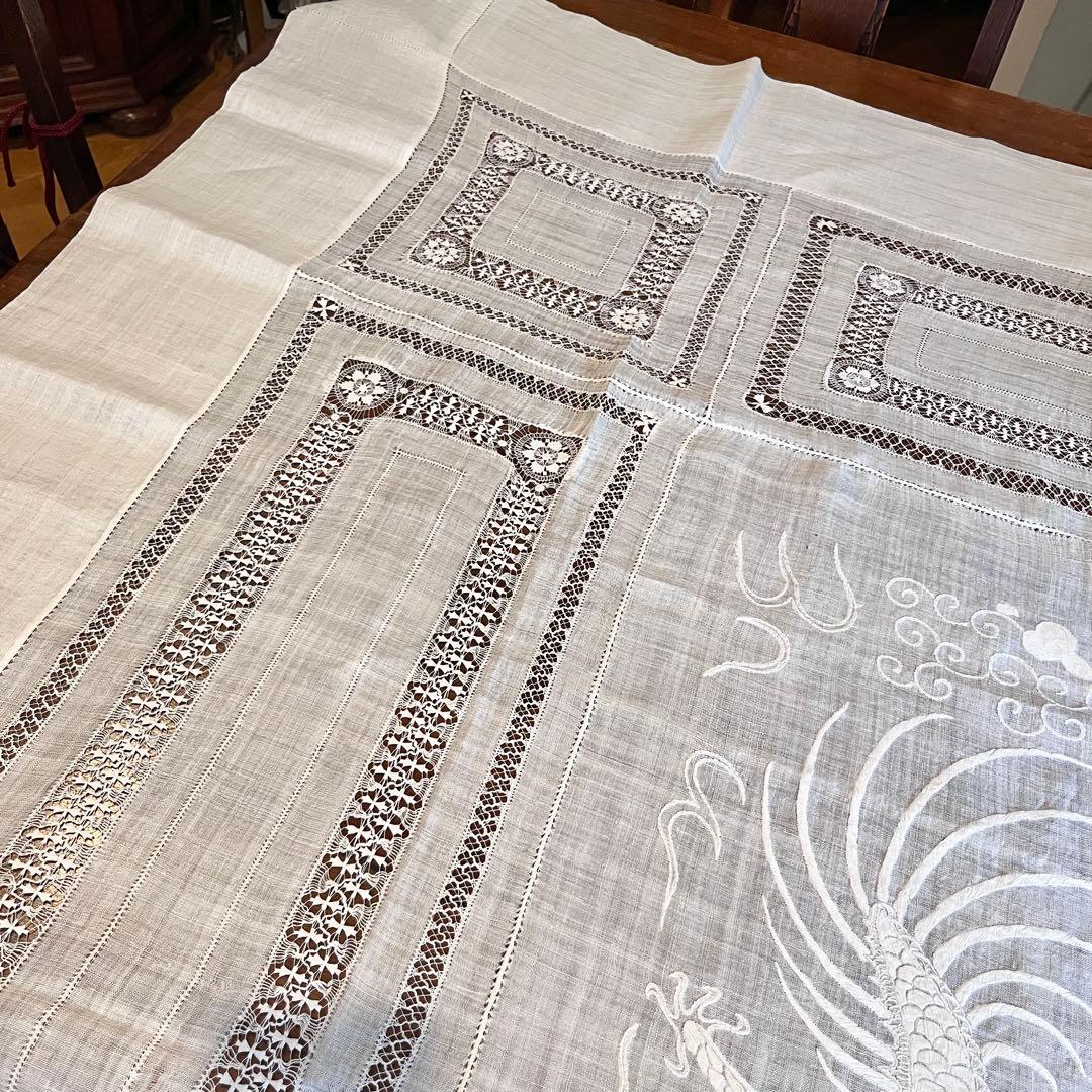 麻 リネン 刺繍 テーブルクロス ドラゴン 龍 ホワイト ベッドカバー