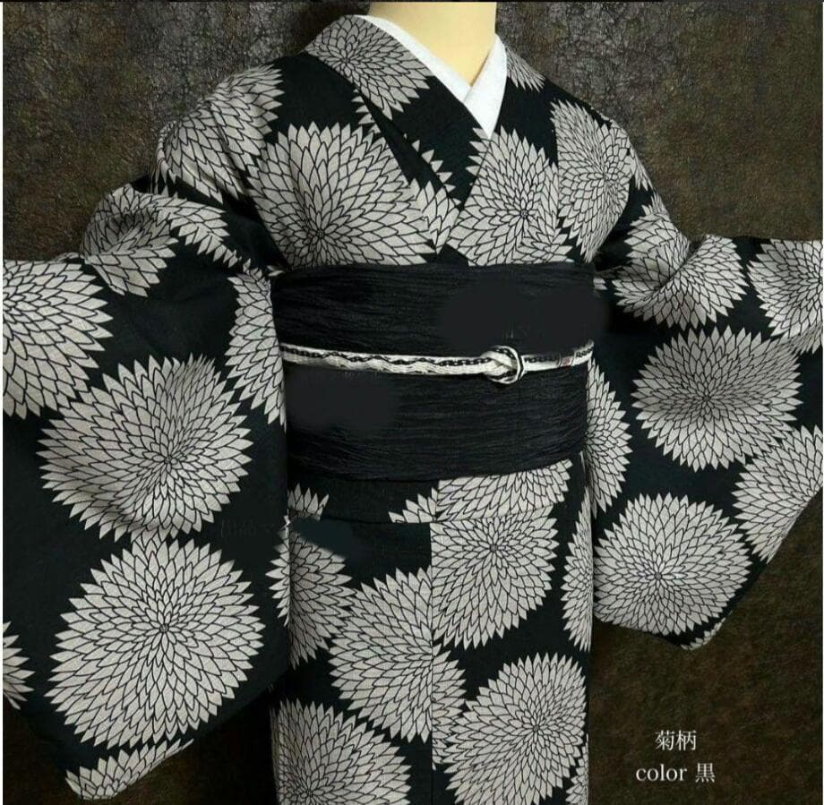 ◆最高級【綿麻浴衣】黒地狢菊古典ゆかた◆高級変わり織◆着物としても着用可◆