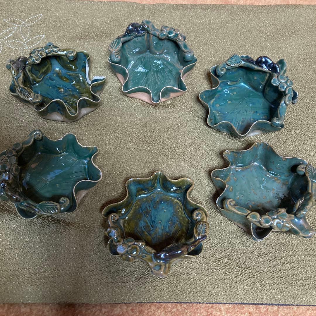 ぶどうの葉形 向付 6客 和食器 懐石料理道具 1客カケ有(最後2枚の写真) ￼