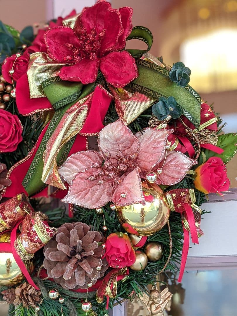 【お値下げ】クリスマスリース✨ベル付き✨フラワーリース大✨造花