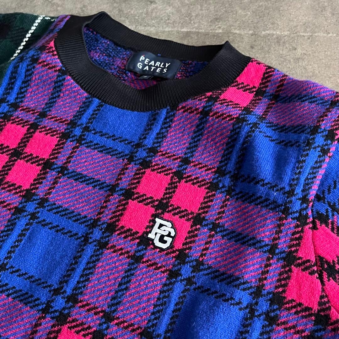 新品 パーリーゲイツ マルチチェック柄 クルーネックニット セーター