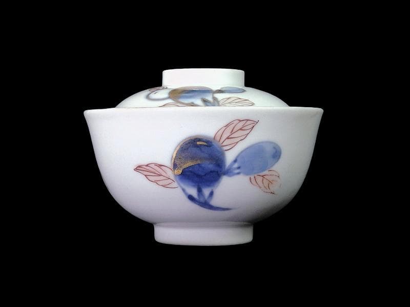 古伊万里　染錦　茄子の図　蓋茶碗　AS-DCa