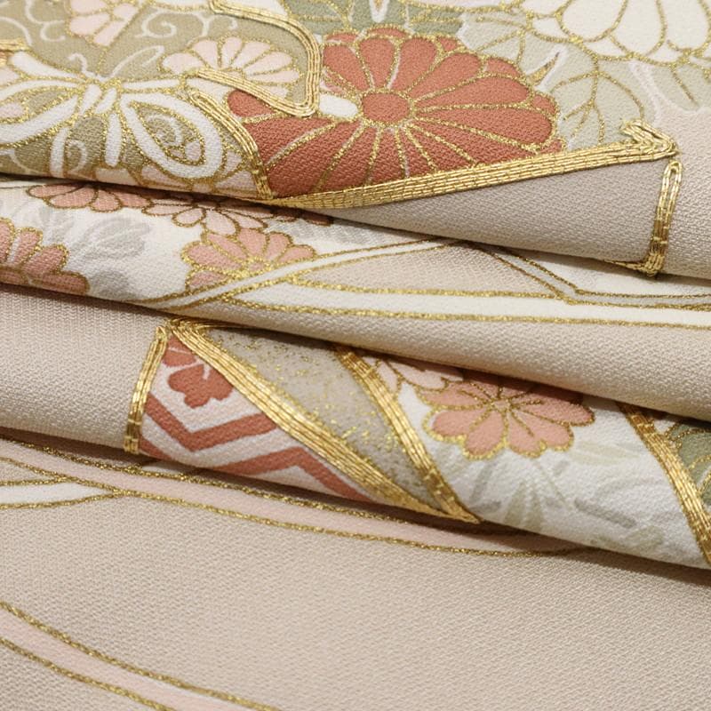 《長尺■色留袖■古典柄◆檜扇に文箱吉祥文■ベージュ◆袷正絹着物◆DY3-7》