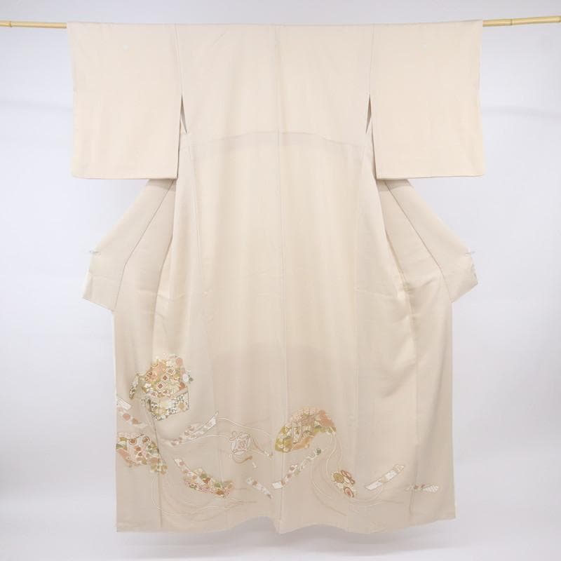 《長尺■色留袖■古典柄◆檜扇に文箱吉祥文■ベージュ◆袷正絹着物◆DY3-7》