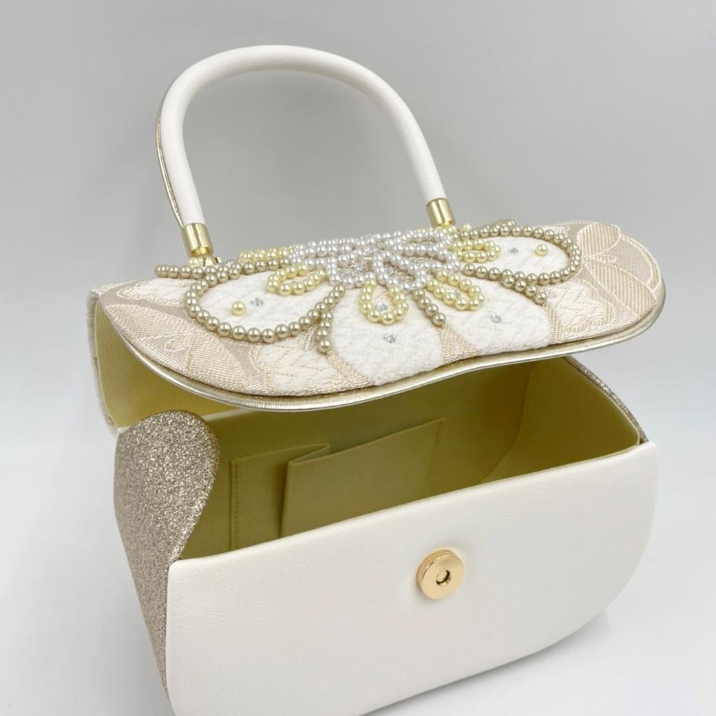 豪華ビーズパール刺繍 西陣帯地　振袖バッグ草履セット 　アイボリー