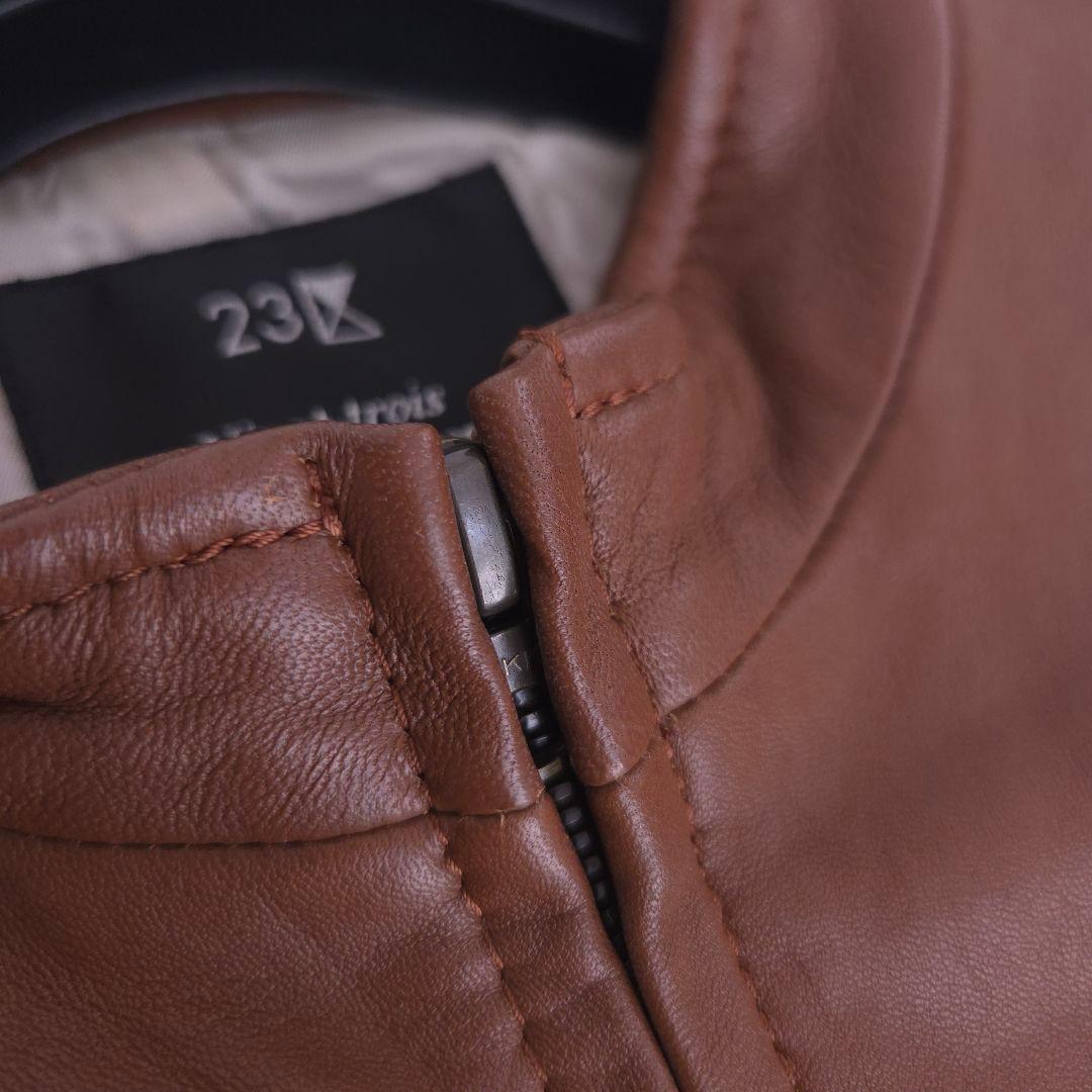 美品 23区 ラムレザー ライダース ノーカラージャケット ブラウン M