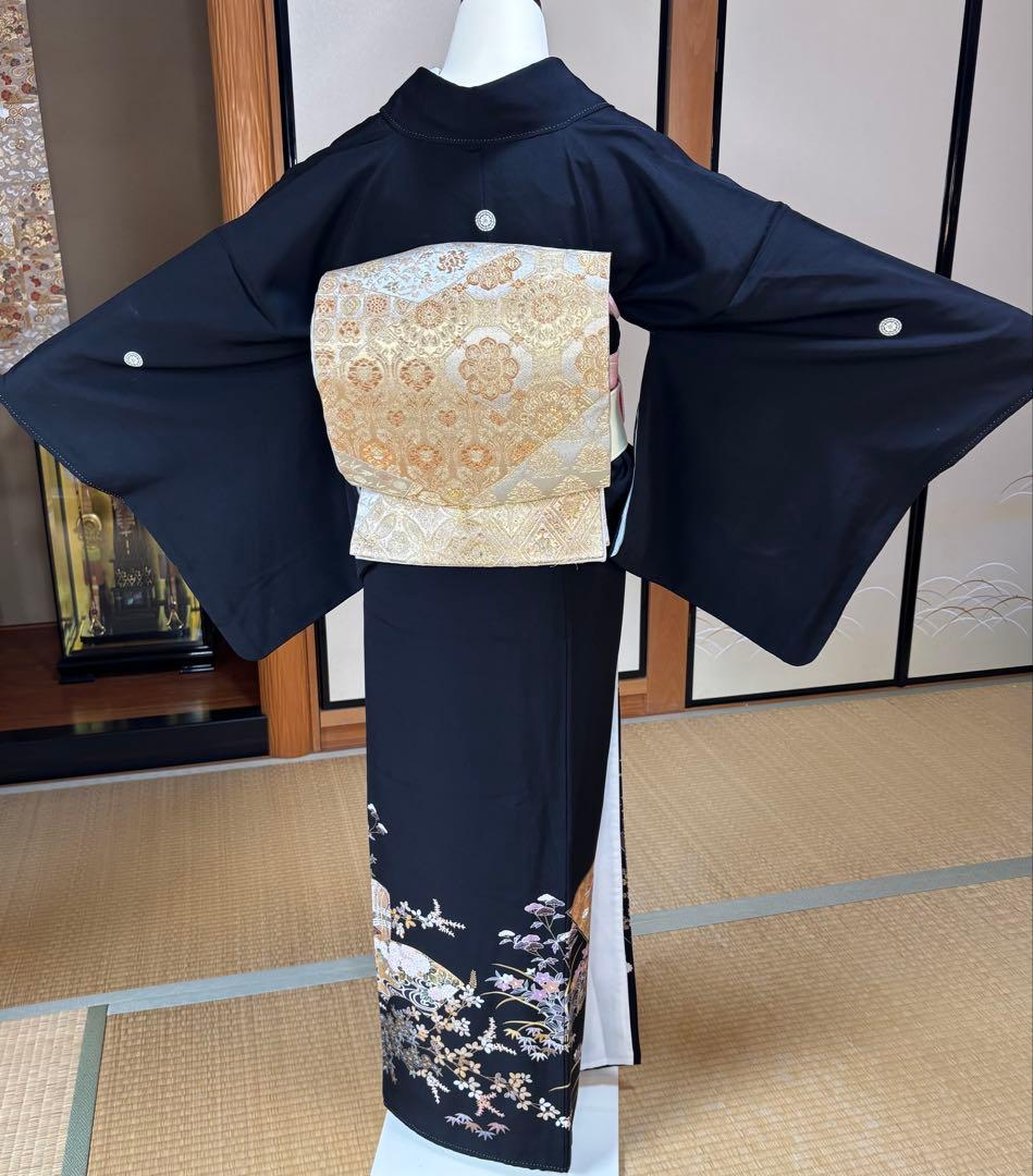 正絹豪華黒留袖6点フルセット 黒留袖　袋帯　帯締め帯揚げ　長襦袢　 末広