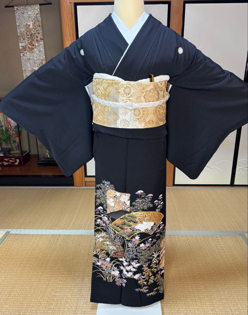 正絹豪華黒留袖6点フルセット 黒留袖　袋帯　帯締め帯揚げ　長襦袢　 末広