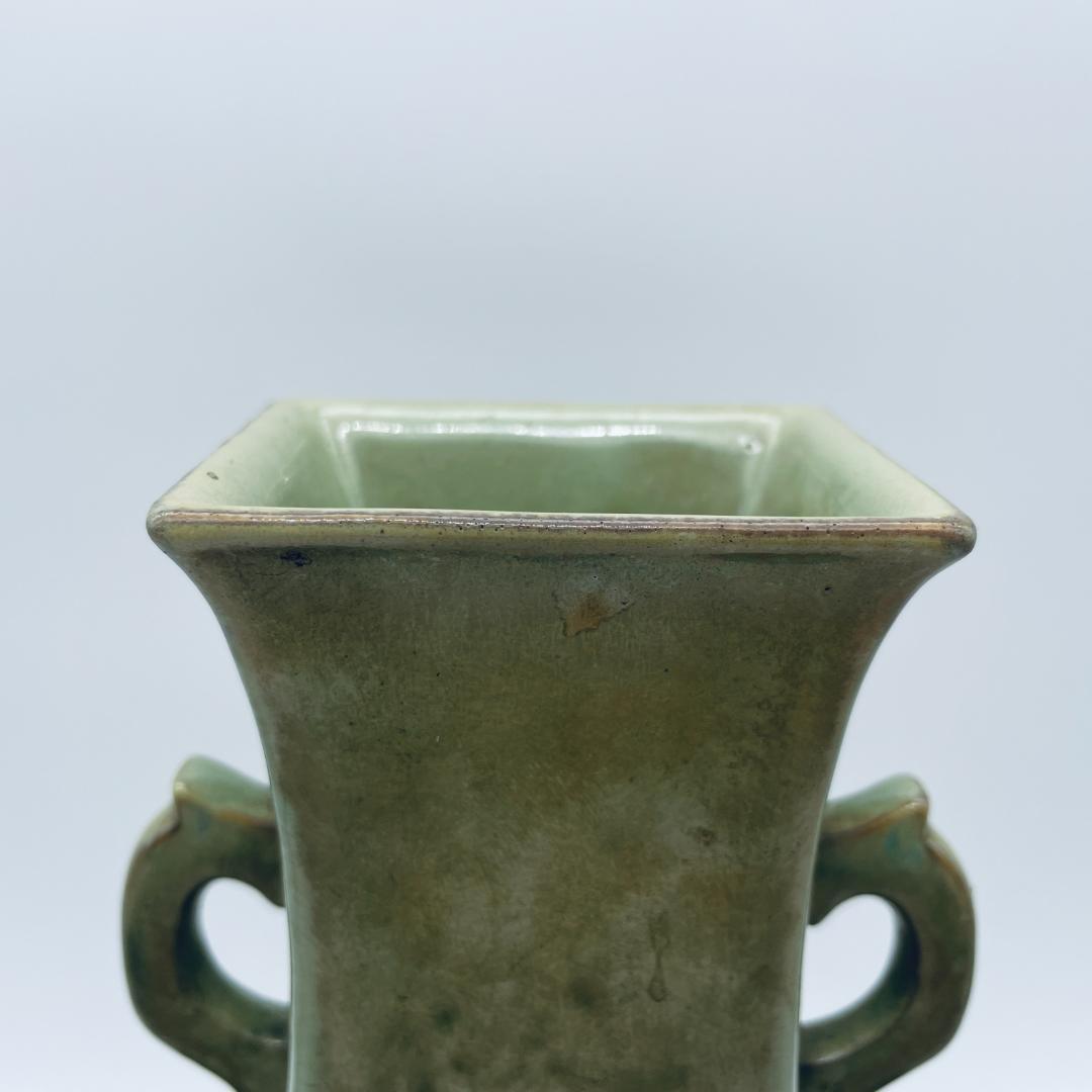 【大正】小森忍 緑釉雙耳瓶 匋雅堂製款 大連市 中国美術 中国古玩