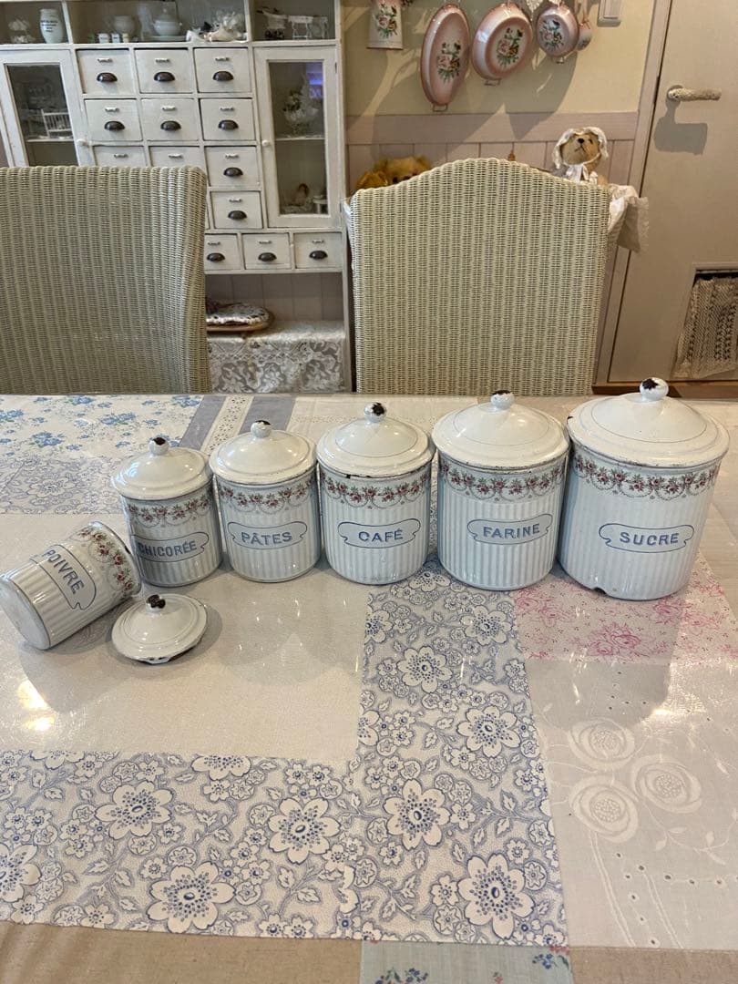 フランスアンティーク☆BF社ホーローキャニスター6P ホワイトローズバンド