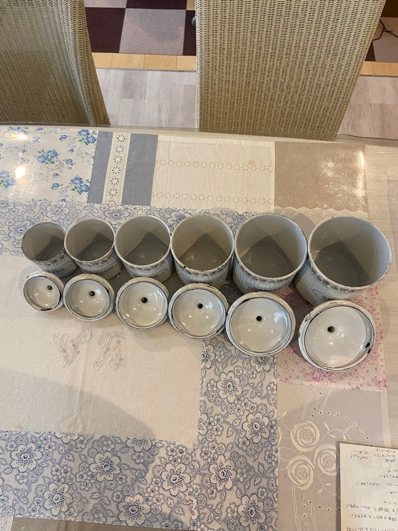 フランスアンティーク☆BF社ホーローキャニスター6P ホワイトローズバンド