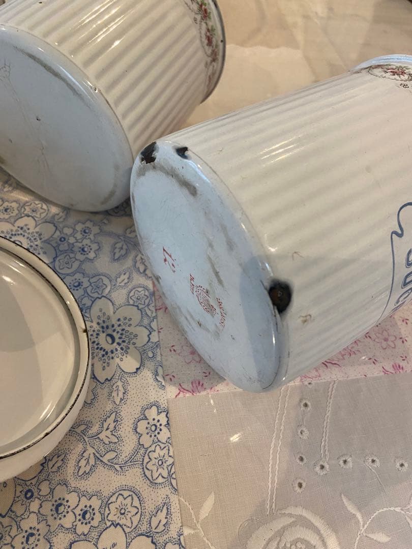 フランスアンティーク☆BF社ホーローキャニスター6P ホワイトローズバンド