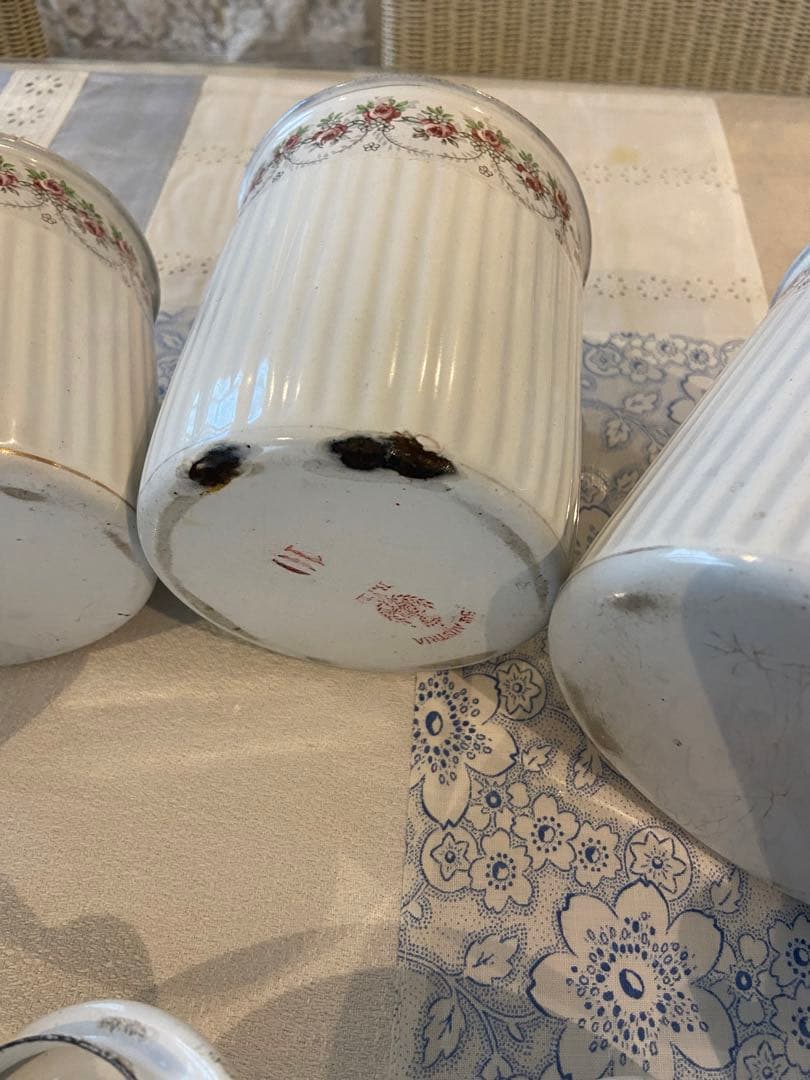 フランスアンティーク☆BF社ホーローキャニスター6P ホワイトローズバンド