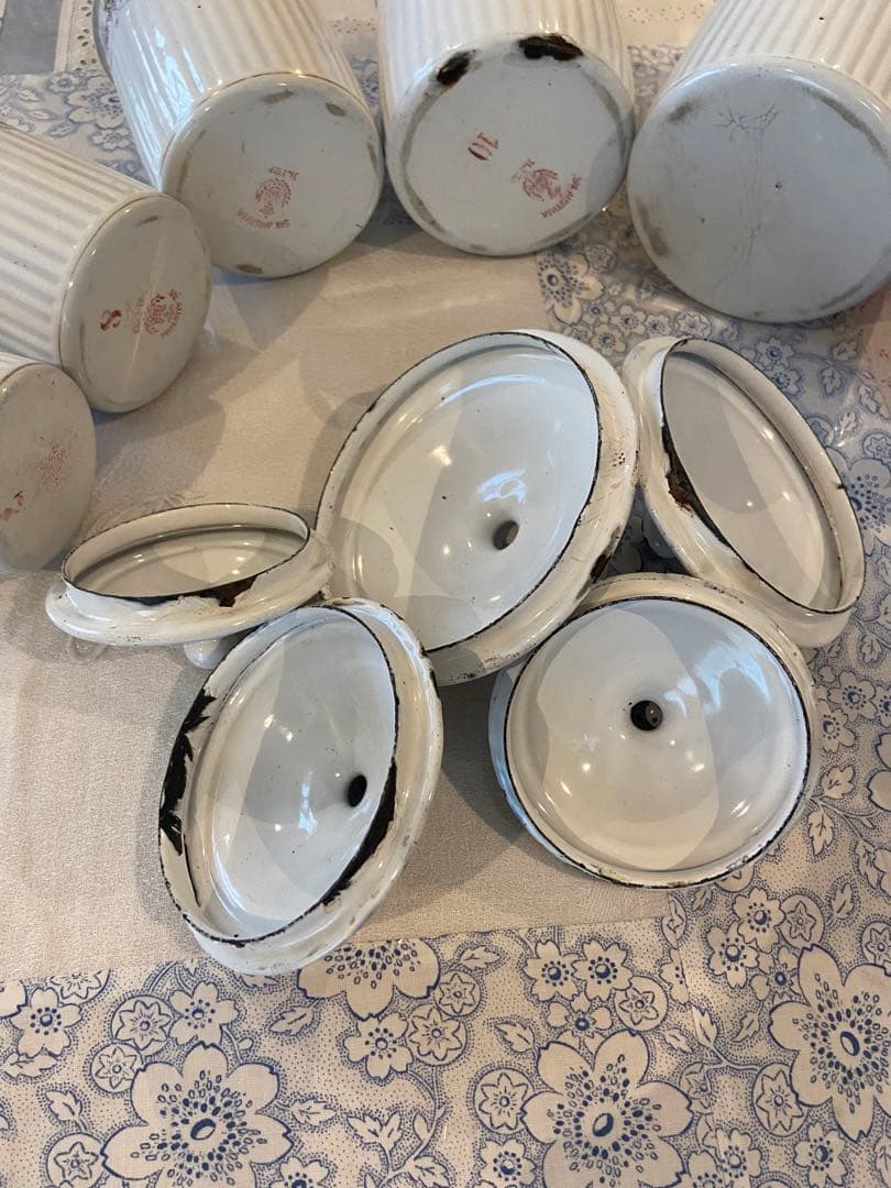 フランスアンティーク☆BF社ホーローキャニスター6P ホワイトローズバンド