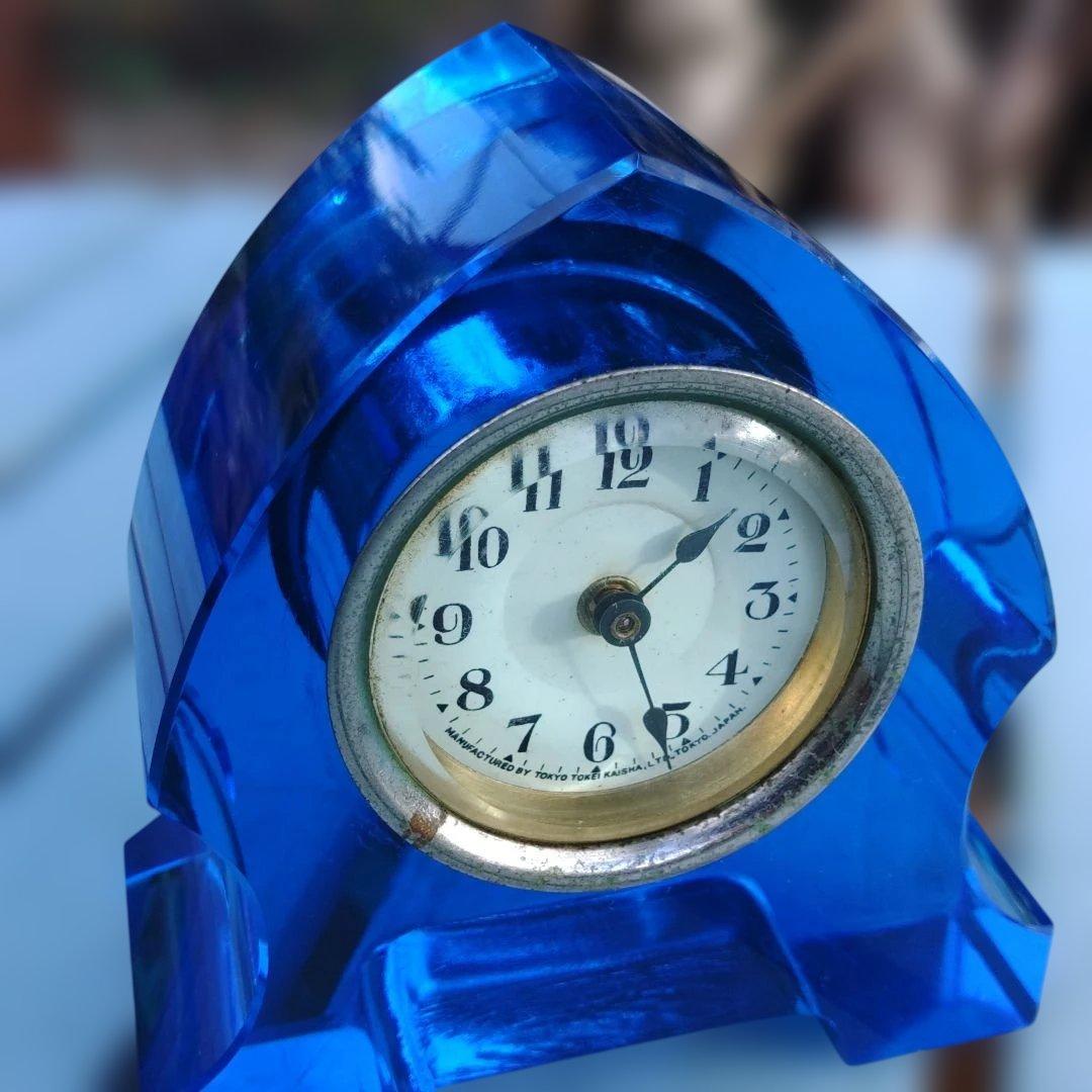 レトロ置時計　青ガラス時計