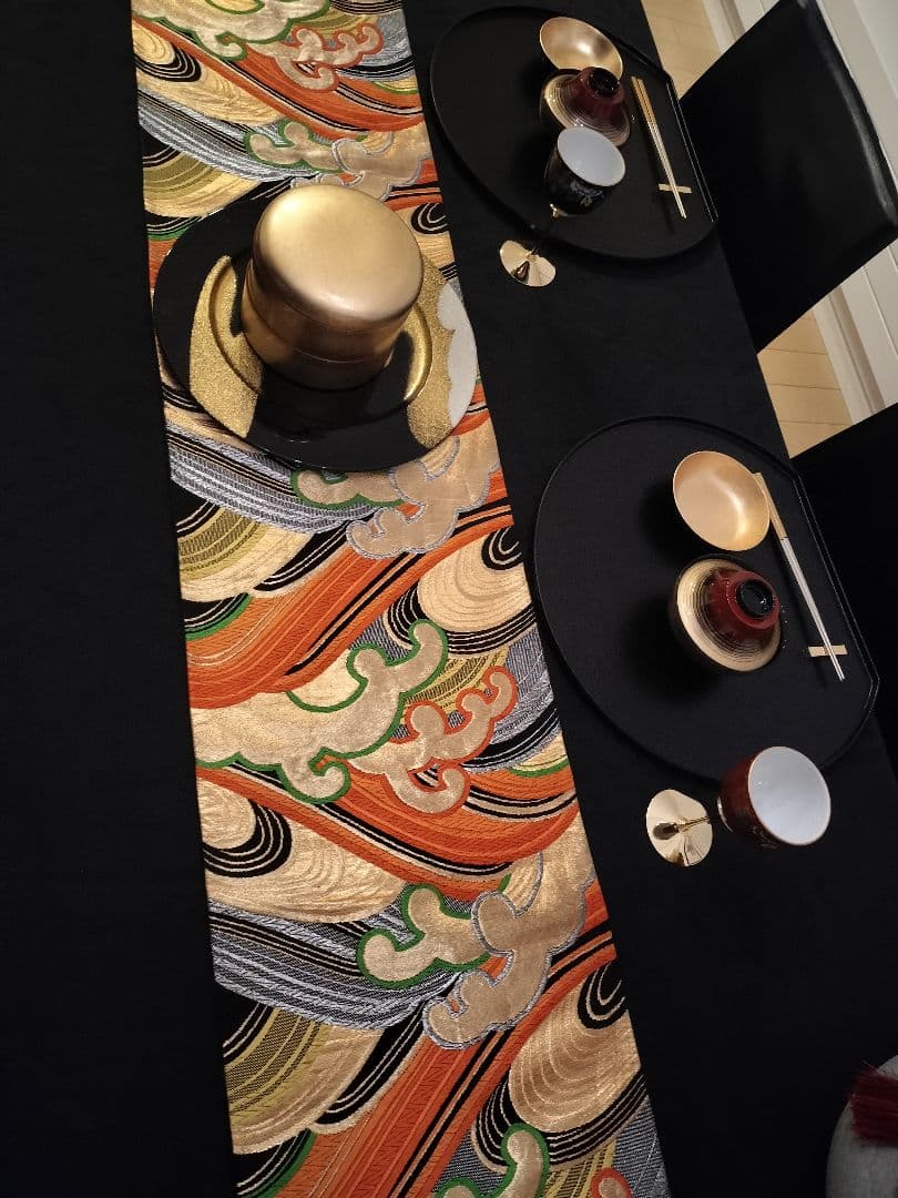 A926豪華‼️節分‼️波模様‼️正絹テーブルランナー1ｍ97cm