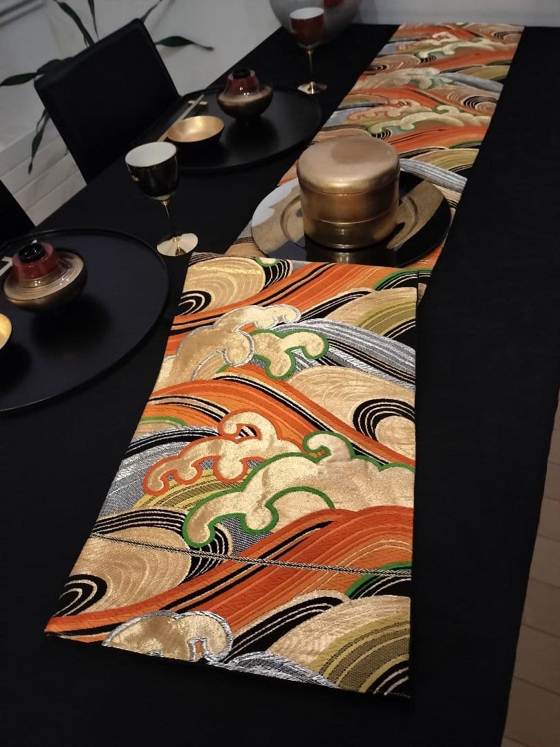 A926豪華‼️節分‼️波模様‼️正絹テーブルランナー1ｍ97cm