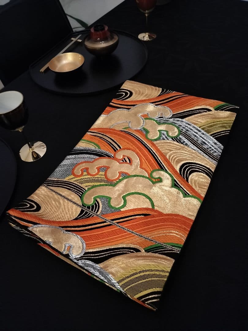 A926豪華‼️節分‼️波模様‼️正絹テーブルランナー1ｍ97cm
