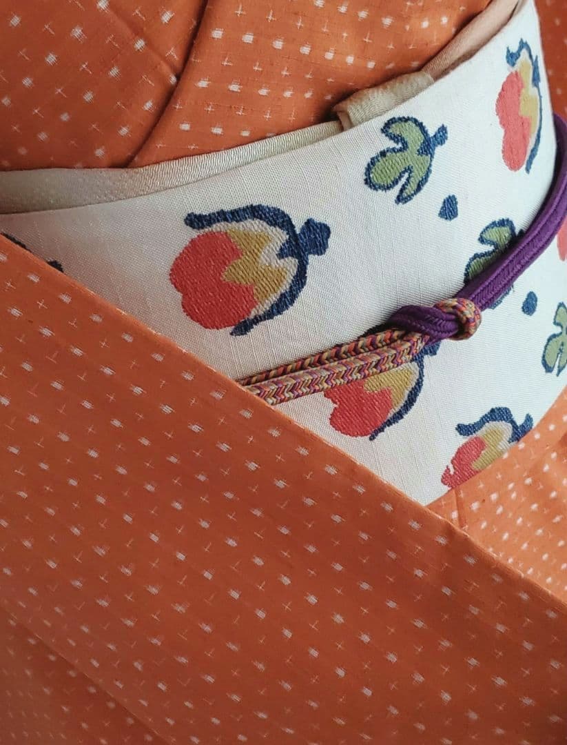 【着物帯＊セット】オレンジカラーの紬　十字絣　袋帯　正絹