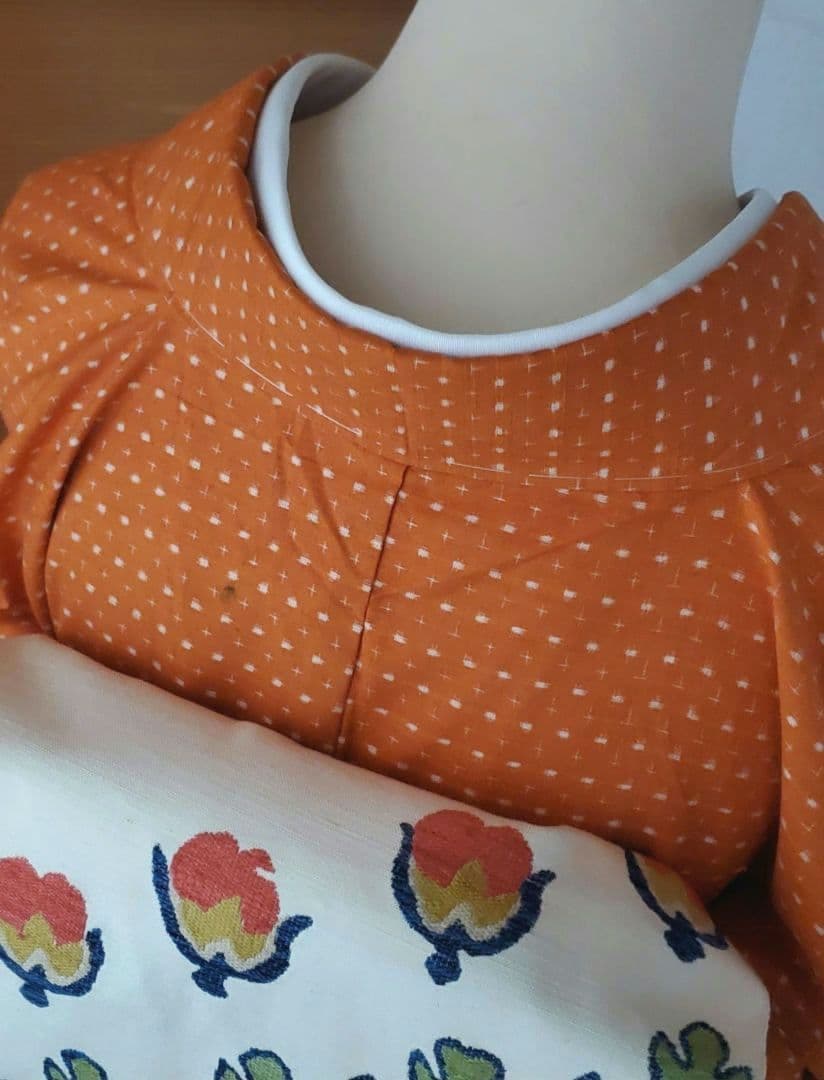 【着物帯＊セット】オレンジカラーの紬　十字絣　袋帯　正絹