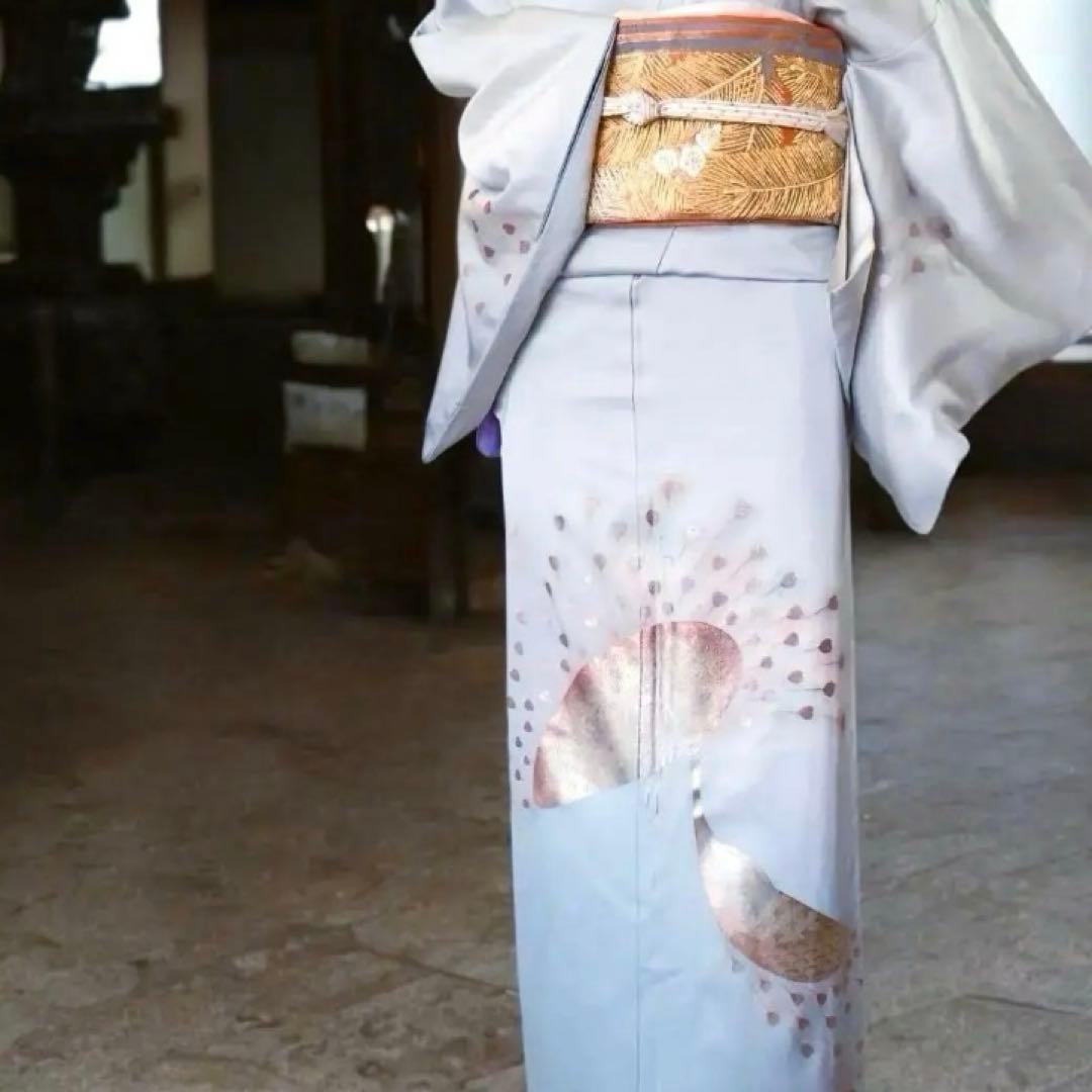 【美品】金彩 孔雀 松坂屋 生絹 訪問着 着物 フルセット スモールサイズ