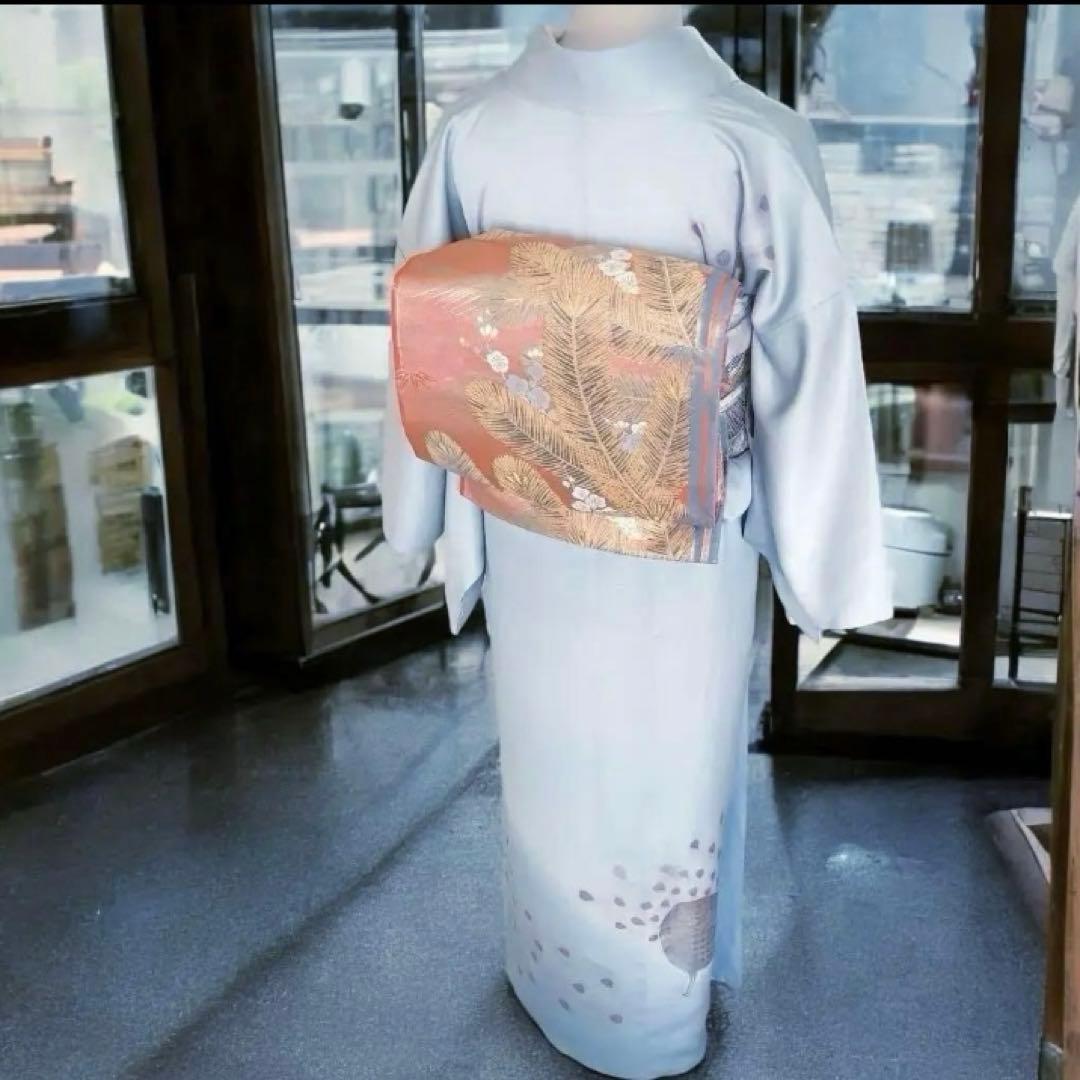 【美品】金彩 孔雀 松坂屋 生絹 訪問着 着物 フルセット スモールサイズ