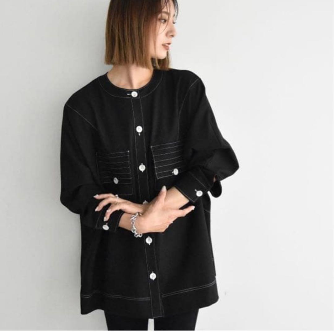 美品✨Cen. ノーカラーステッチブルゾン シャツ ブラック FREE