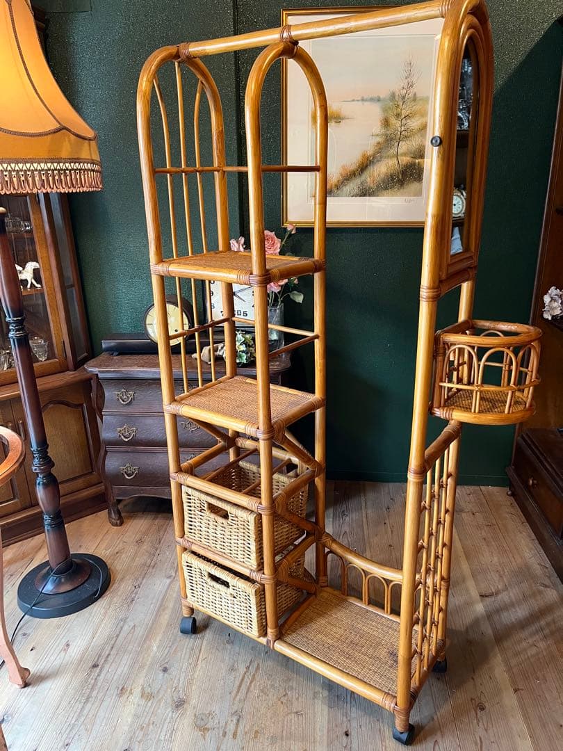 ミラー付 籐 ラタン ハンガーラック インテリア 昭和レトロ 引き出し収納