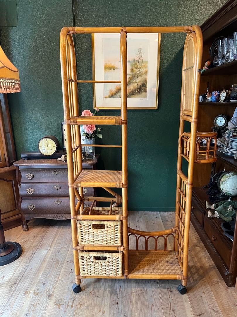 ミラー付 籐 ラタン ハンガーラック インテリア 昭和レトロ 引き出し収納