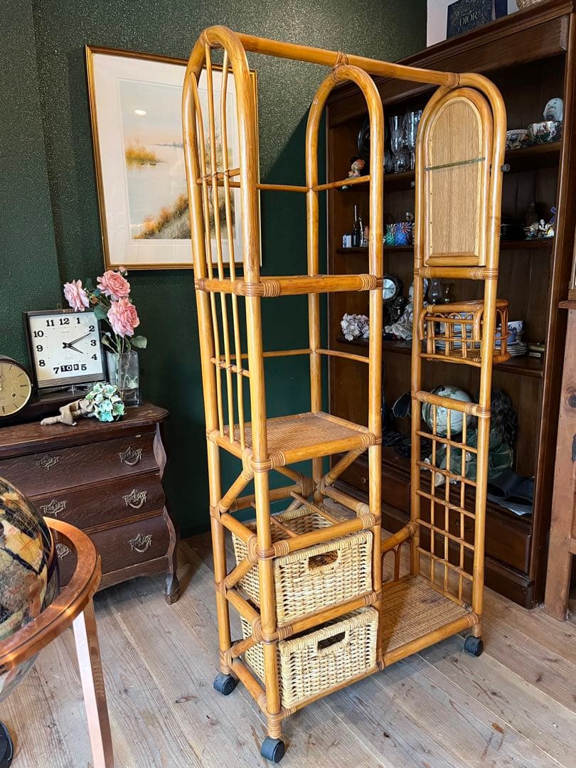 ミラー付 籐 ラタン ハンガーラック インテリア 昭和レトロ 引き出し収納