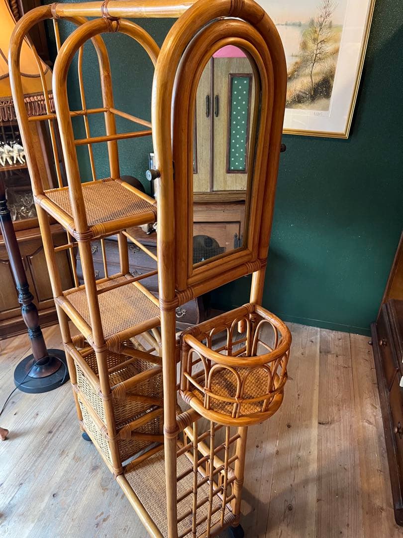 ミラー付 籐 ラタン ハンガーラック インテリア 昭和レトロ 引き出し収納