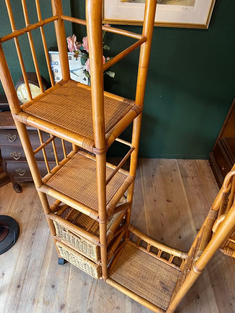 ミラー付 籐 ラタン ハンガーラック インテリア 昭和レトロ 引き出し収納