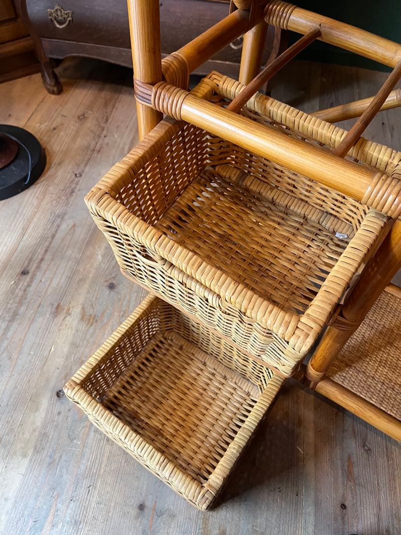 ミラー付 籐 ラタン ハンガーラック インテリア 昭和レトロ 引き出し収納