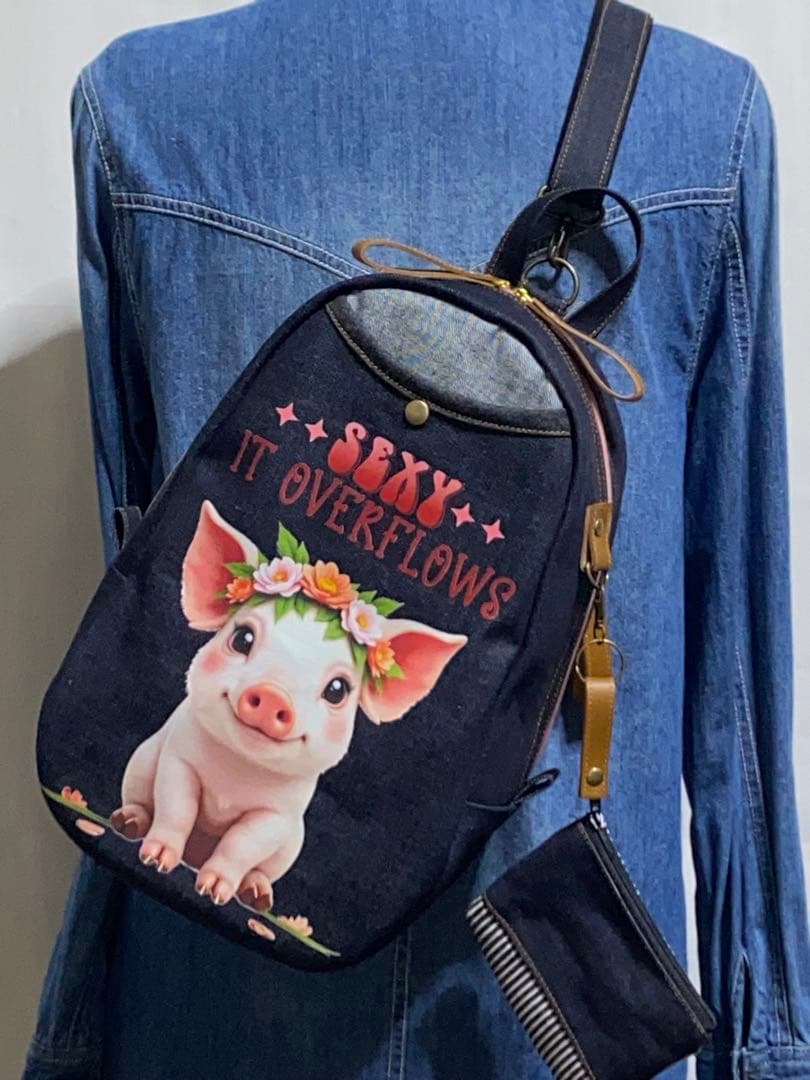 男女兼用☆岡山デニム☆ブタさん☆リュックorワンショルダーバッグ