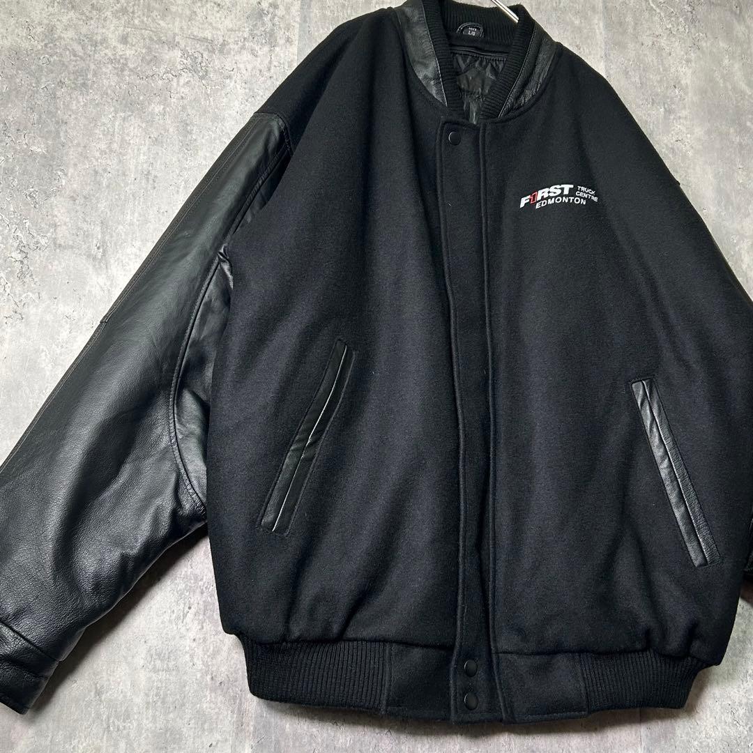 極上 レザー ウール カナダ製 企業刺繍ロゴ スタジャン 中綿 黒 本革