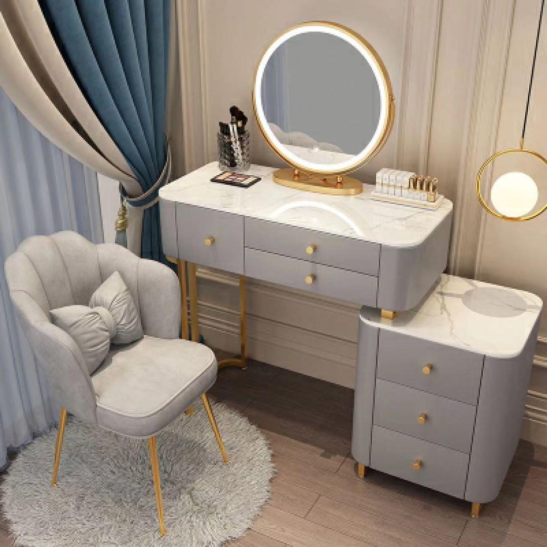 北欧風  ホワイト80cm オシャレドレッサーレザー調 大理石天板 LEDミラー