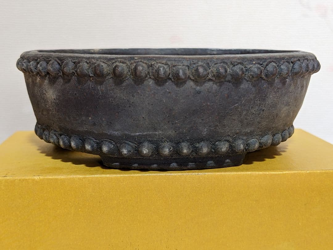♦小品盆栽鉢 富舟作 鋲打ち三足丸鉢ミニ盆栽鉢 コレクション 骨董品