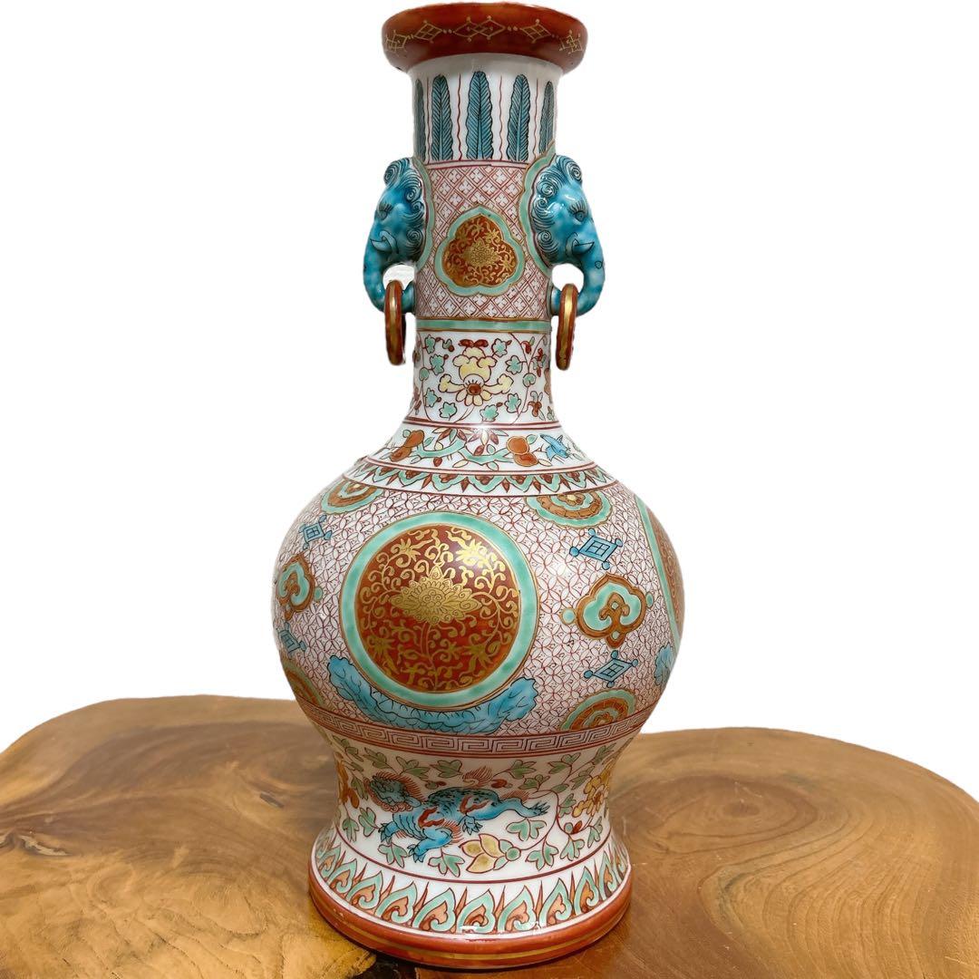 九谷陶源 造 九谷焼 金蘭手 双耳 花瓶 共箱 金彩 茶道具 豪華絢爛 壺