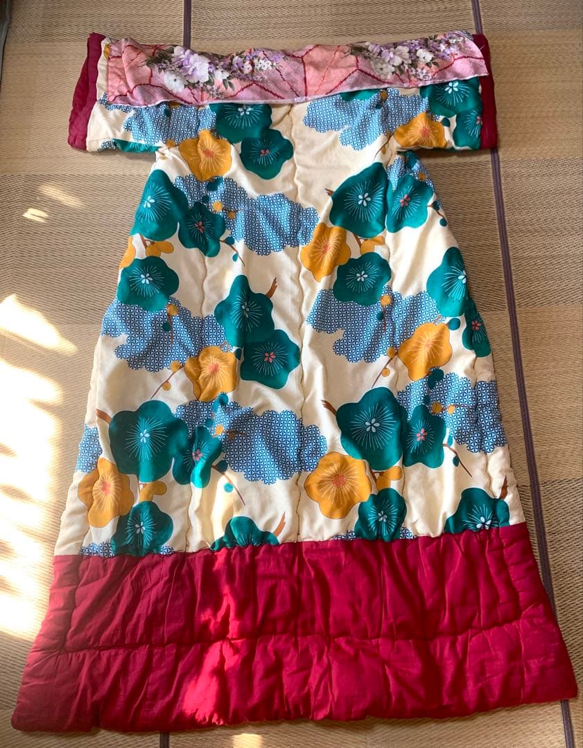 【昭和レトロ】 かいまき布団 掻巻 花柄 鮮やか 和模様 緑 梅 京都 日本製②