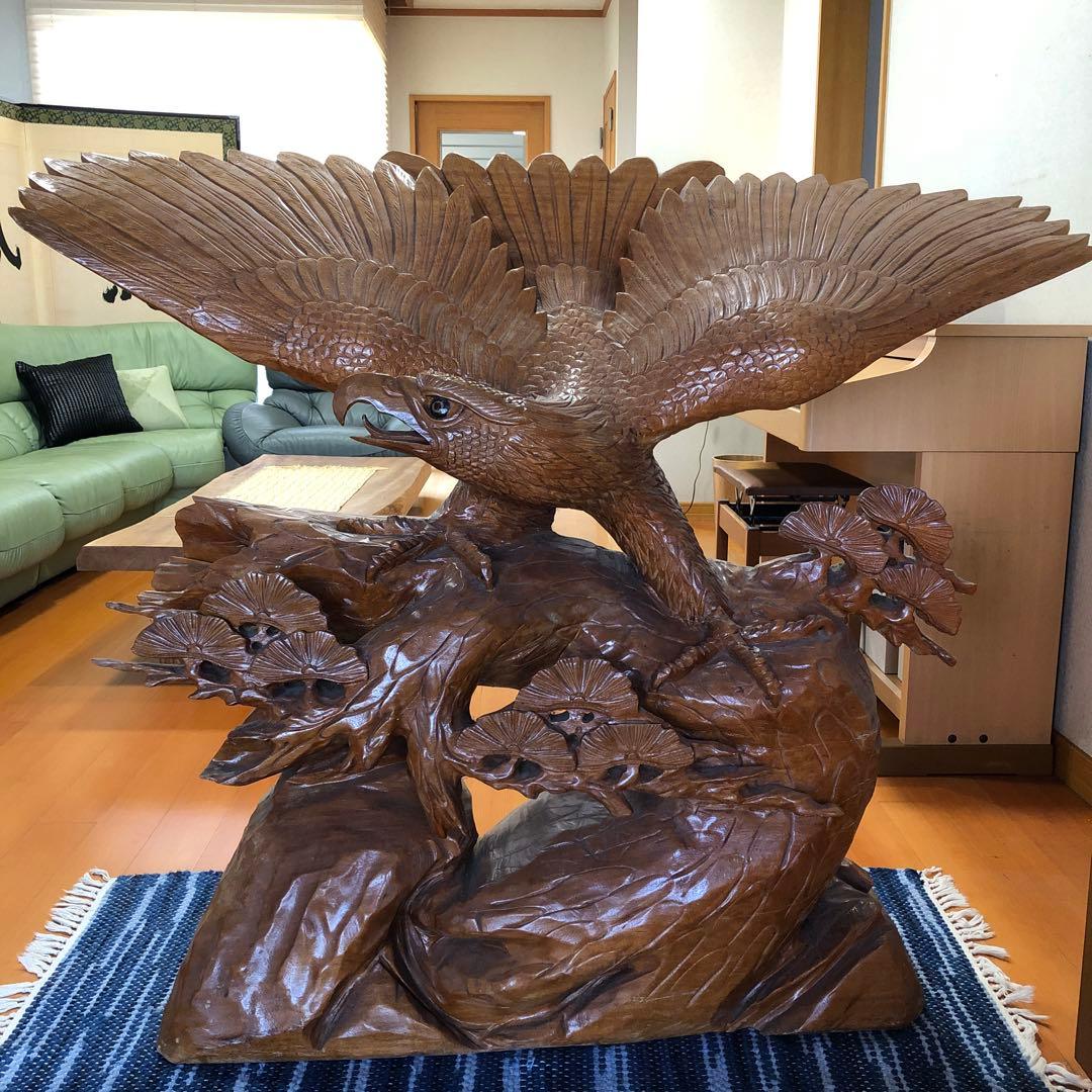 【特大】一刀彫　鷹・松