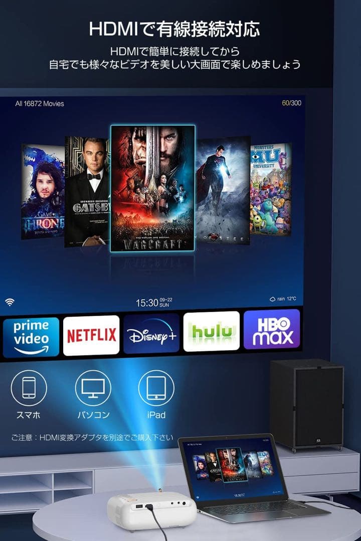 小型プロジェクター　480g軽量 コンパクト 超小型 天井投影可 ホームシアター