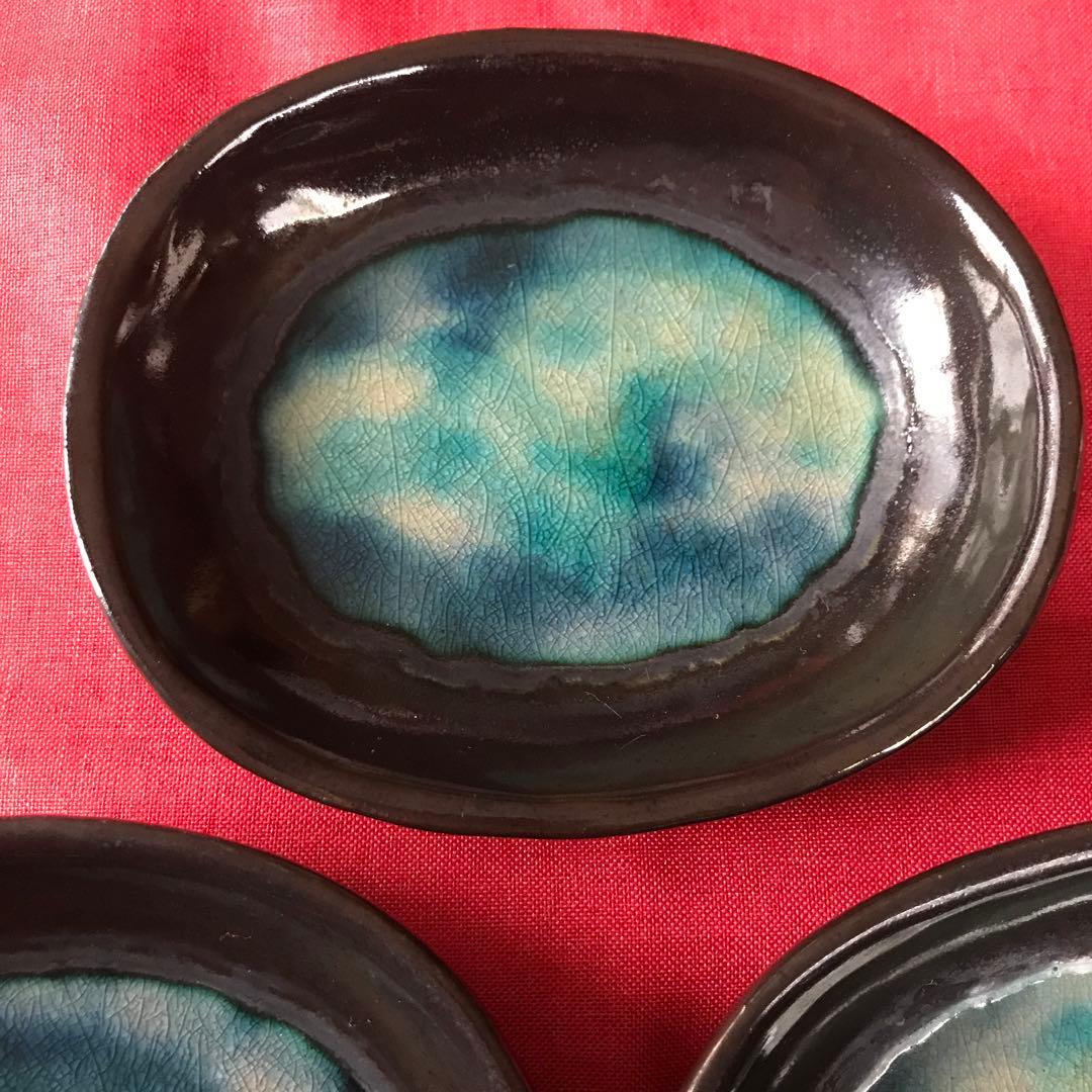 深い青の水色の濃淡が美しい石垣焼の器3枚　和食器　ガラス釉　楕円皿　やちむん