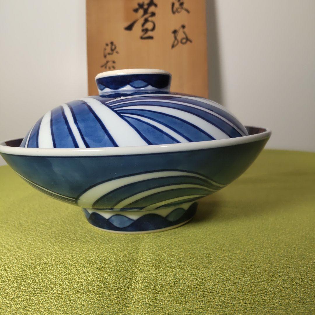源右衛門 どんぶり 波 染付 蓋物 染錦 丼 小どん 中 6客 手描き 木箱