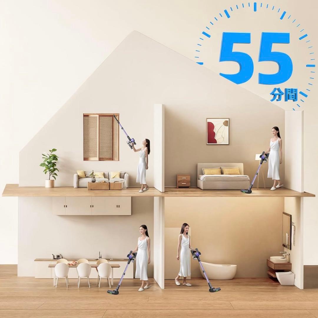 掃除機　コードレス 70Kpa 超強力 自立式＆グリーンライト 着脱バッテリー